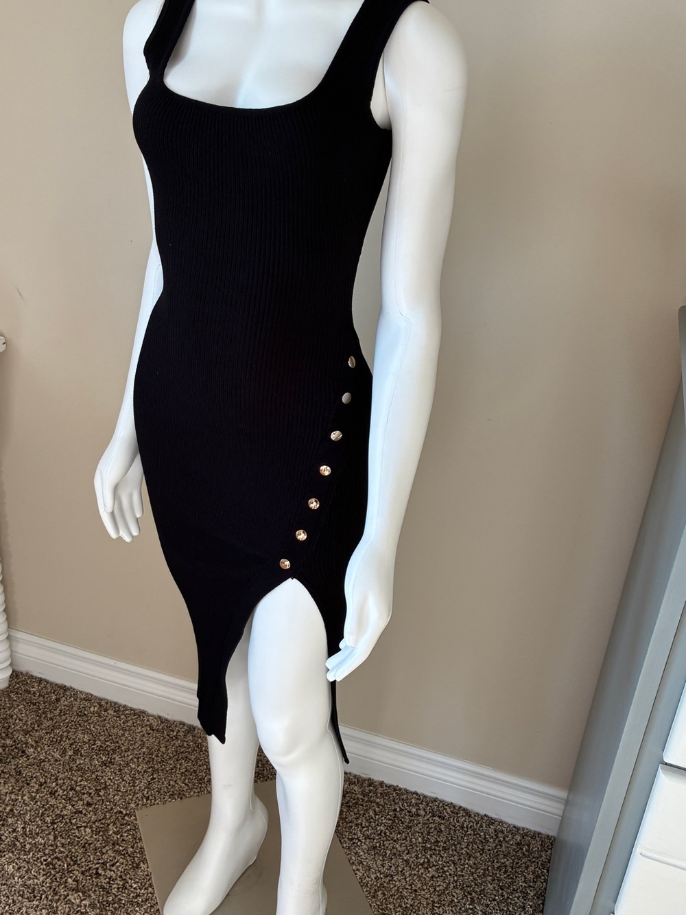 Windsor Black Ribbed Midi Dress with Gold Button Detail